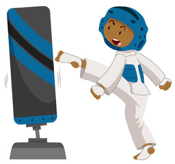 Man practicing taekwondo with boxing stand