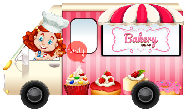 Bakery truck with baker driving