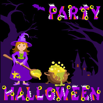 Background with witch magic pot spoon and castle, bat, an evil pumpkin  the text Halloween vector concept plase for your inscription.