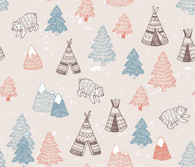 Seamless pattern with North American Indian tipi homes with tribal ornament, elements of forest and mountains, bear.  Vector hand drawn surface design. © Utro na more