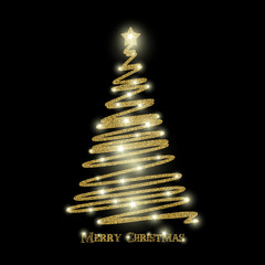 Vector golden Christmas tree illustration made with glittering stars and Merry Christmas typography.