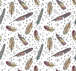 Ethnic seamless pattern with Feathers and chaotic dots and triangles. Vector illustration