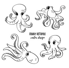 Cute cartoon octopuses set. Vector image. Underwater life. Isolated ocean design elements. 