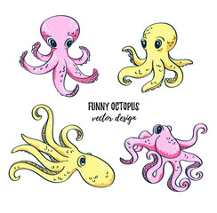 Cute cartoon octopuses set. Vector image. Underwater life. Isolated ocean design elements. 