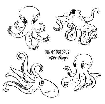 Cute cartoon octopuses set. Vector image. Underwater life. Isolated ocean design elements. 