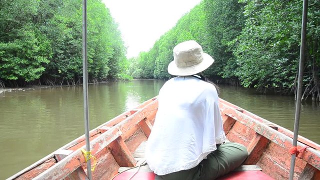 Traveller thai woman sit on service long tail boat for looking and travel view riverbank and Mangroves forest or Intertidal forest on river of Pak Nam Prasae town in Rayong, Thailand.