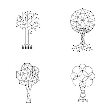 Vector set of trees made of connected dots