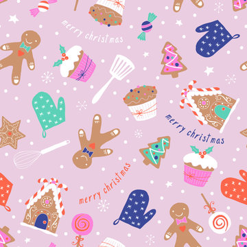 Christmas holiday baking seamless pattern with gingerbread cooki