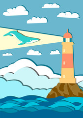 giant whale with mountains and lighthouse
