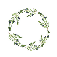 Olive tree wreath painted by watercolor. Design for menu, wedding invitation or greeting card. Hand drawn vector illustration. - 120952935