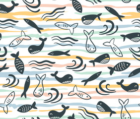Seamless vector pattern with little cute fish cartoon. Surface design for fabric, wallpaper and wrapping paper.