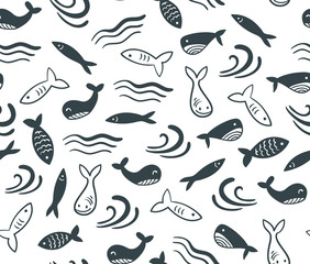 Seamless vector pattern with little cute fish cartoon. Surface design for fabric, wallpaper and wrapping paper.