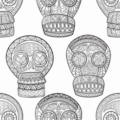 Seamless pattern of Mexican sugar skulls. Day of The Dead colorful Skull with floral and ethnic ornament.
