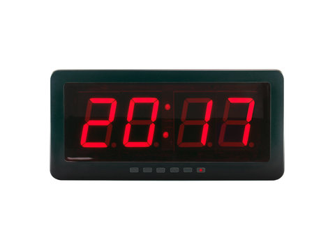 close up red led light illumination numbers 2017 on black digital electric alarm clock face isolated on white background, time symbol concept for celebrating the New Year