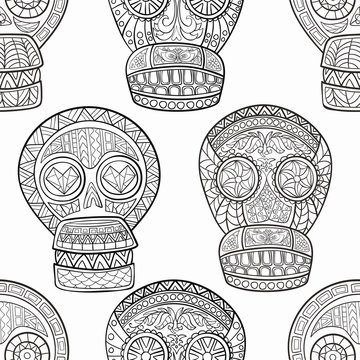 Seamless pattern of Mexican sugar skulls. Day of The Dead colorful Skull with floral and ethnic ornament.