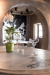 wine glass in modern restaurant interior;selective focus