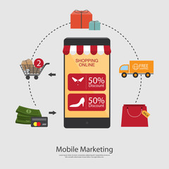 Naklejka premium Flat vector design with e-commerce and online shopping icons and elements for mobile story. Symbols of online shop, online payment, customer service and delivery