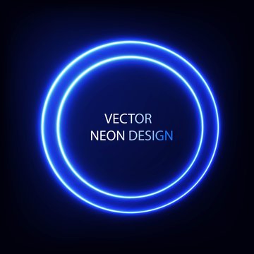 Bright colors shining neon blue circle lights. Vector round frame,banner.
