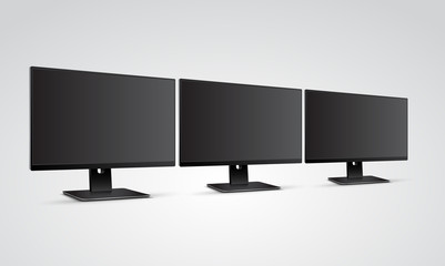 Three Computer Monitors Mockup with blank black screen
