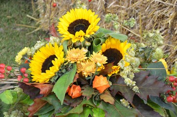 Herbstdekoration mit Sonnenblumen und Strohballen 