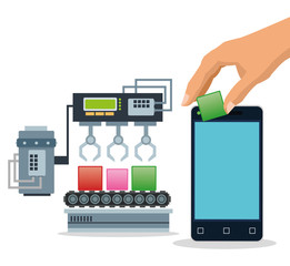 Hand with blocks and smartphone icon. Industry app and construction theme. Colorful design. Vector illustration