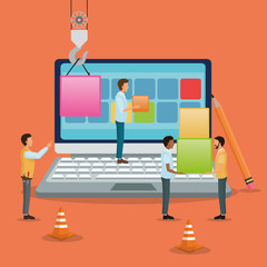 Avatar people with blocks and laptop icon. Industry app and construction theme. Colorful design. Vector illustration