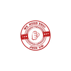 Obraz premium We need you, join us! - red grunge sticker / label for recruitment agencies / companies and firms that are looking to hire.