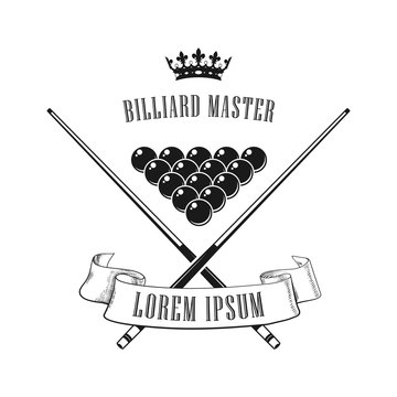 Logo for the billiard club. Sign, icon. Vintage logo for billiard club. Cue and balls.