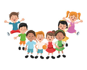 Group of happy girls and boys cartoon kids. Childhood student and happyness theme. Colorful design. Vector illustration