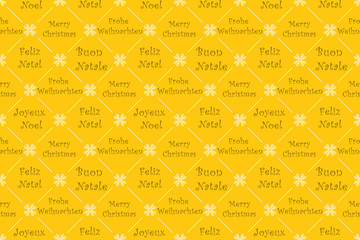 Christmas and New Year pattern containing wishes in many languages. Merry Christmas in French, Italian, German and English. Print colors used.