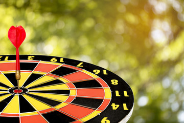 dart target board, with abstract nature bokeh blur background.