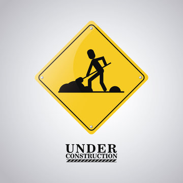 Constructer road sign and shovel icon. Under construction and repair theme. Isolated design. Vector illustration