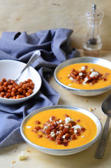 Pumpkin Soup with Chickpea, Bacon and Feta