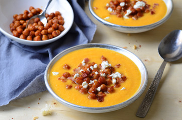Pumpkin Soup with Chickpea, Bacon and Feta