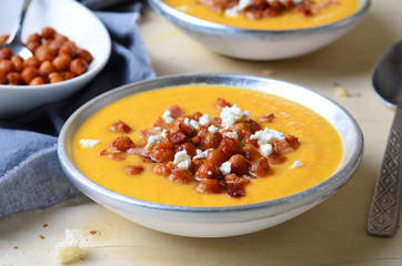 Pumpkin Soup with Chickpea, Bacon and Feta