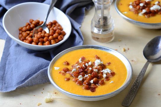Pumpkin Soup with Chickpea, Bacon and Feta