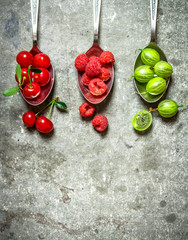 Different berries spoons. On stone background.
