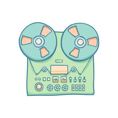 Reel-to-reel audio tape recorder. Handheld reel tape recorder, hand drawn retro illustration, isolated on white. Suitable for banner, ad, t-shirt design. Vintage tape spool design element
