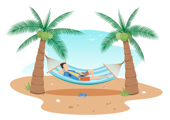 Fototapeta na wymiar man chilling hammock under two coconuts trees