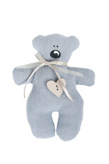 Grey teddy bear with wooden heart button