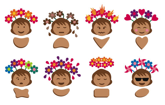 Icons of a woman showing emotions with facial expressions and flowers