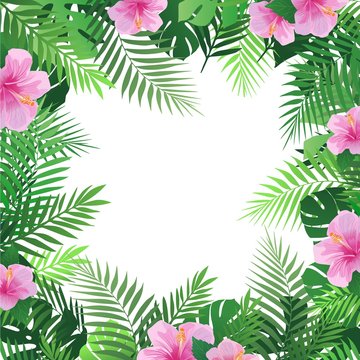 Summer tropical background with palm leaves and hibiscus flowers. Exotic wallpaper, card, poster, placard, frame.