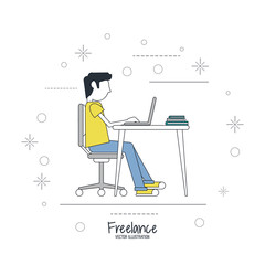 Cartoon man sitting with laptop on table. Work at home and freelance theme. Colorful design. Vector illustration