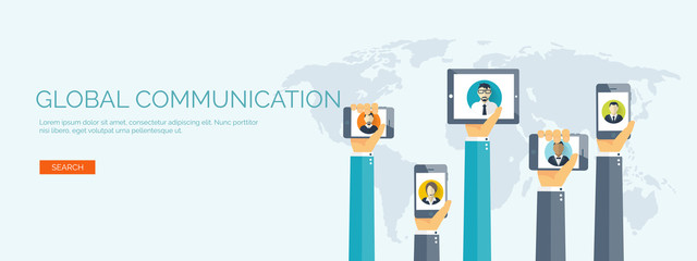 Vector illustration. Flat background. Social media, chatting. Global communication. Laptop, computer, loudspeaker. Emailing. Web chat, internet messages. Sms.