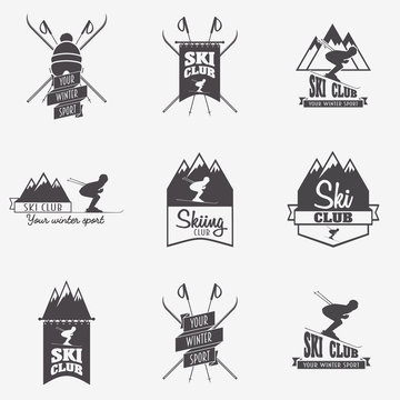Set of ski club, Patrol Labels. Bundle of vintage mountain winter camp explorer badges. Outdoor adventure logo design.