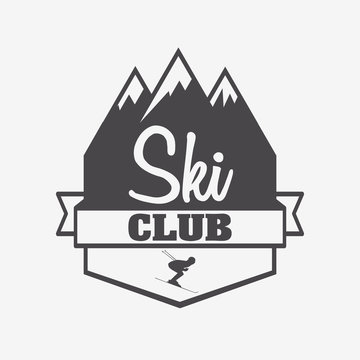Logo, symbol or label template of ski club and snowboarding resort with skier and mountain