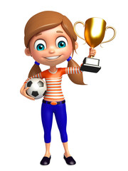 kid girl with Winning cup and football
