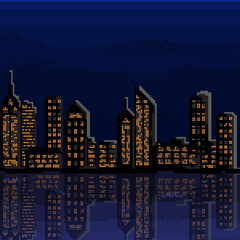 Illustration of pixel city. Vector of pixel art city .
