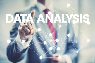Data analysis concept. Businessman selecting relation information from virtual interface.