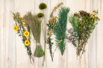 Dry flowers and herbs collage composition at wooden desk